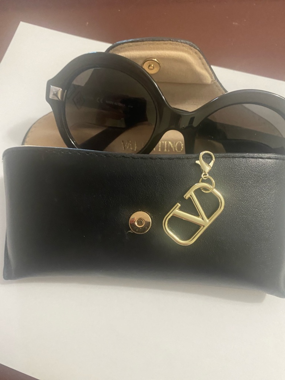 Valentino Black Round Sunglasses with Gold VD Charm - Picture 11 of 12